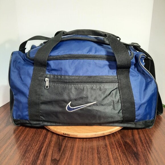 Vintage Nike Duffle Bag Black Blue Center Swoosh Gym Basketball Baseball 90s Y2K